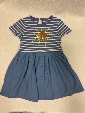 Mini Boden Blue White Striped Gold flip Sequin Sun short sleeve girls 5/6